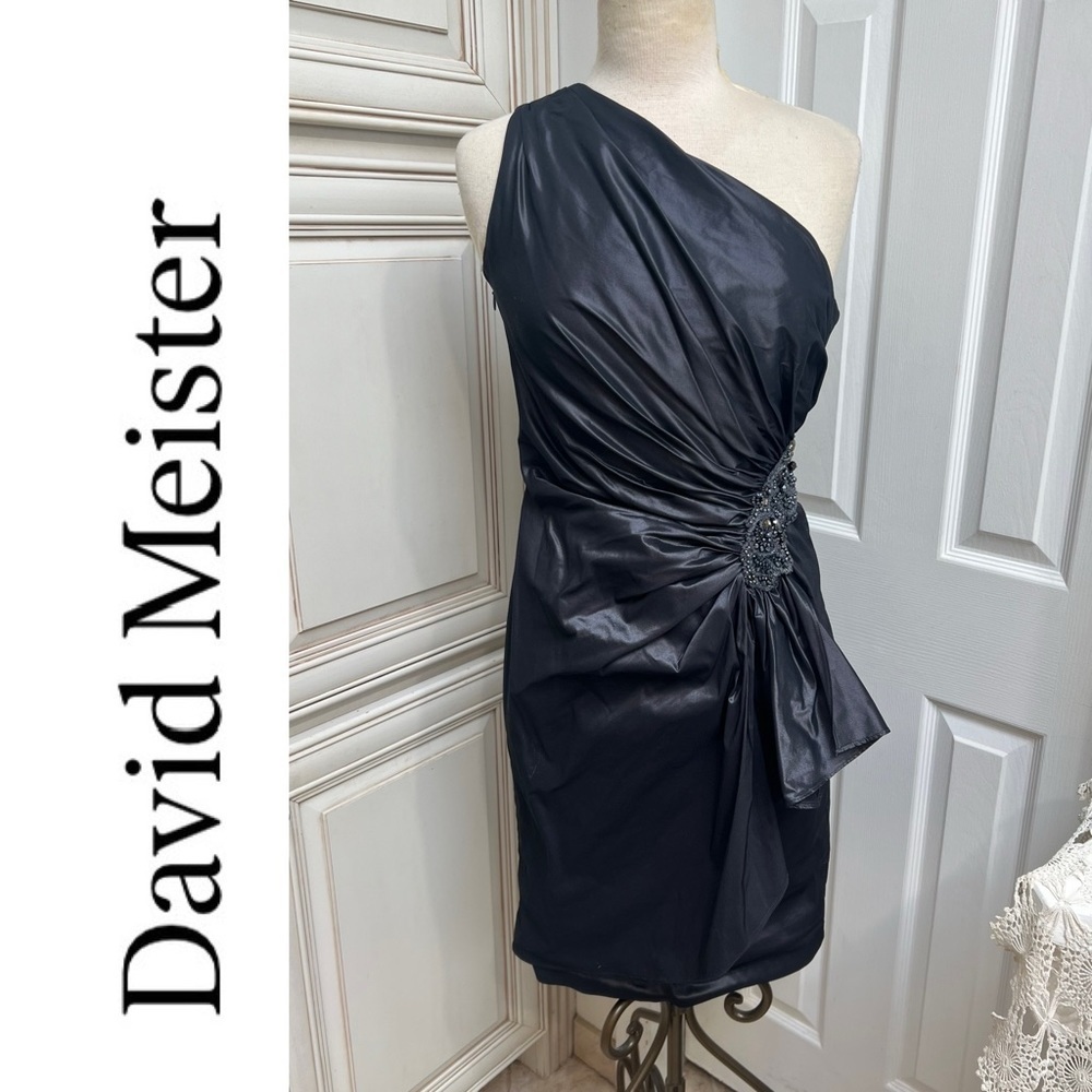 David Meister One Shoulder Embellished Holiday Party Cocktail Dress